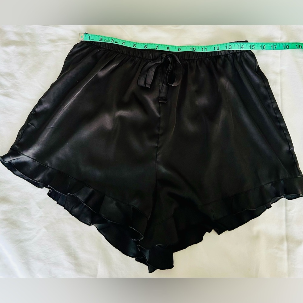 Women's Black Satin Ruffle Shorts Set - Classic Lounge Top & Shorts - Picture 9 of 9